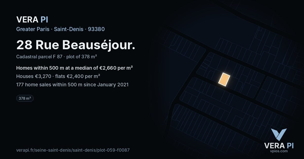 28 Rue Beauséjour, Saint-Denis at night – the plot lit, the parcels around coloured by the prices near them