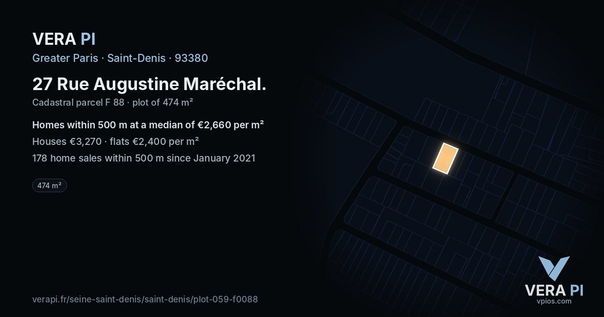 27 Rue Augustine Maréchal, Saint-Denis at night – the plot lit, the parcels around coloured by the prices near them