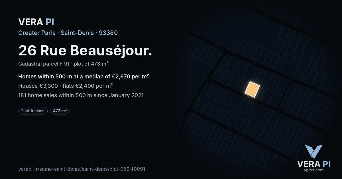 26 Rue Beauséjour, Saint-Denis at night – the plot lit, the parcels around coloured by the prices near them
