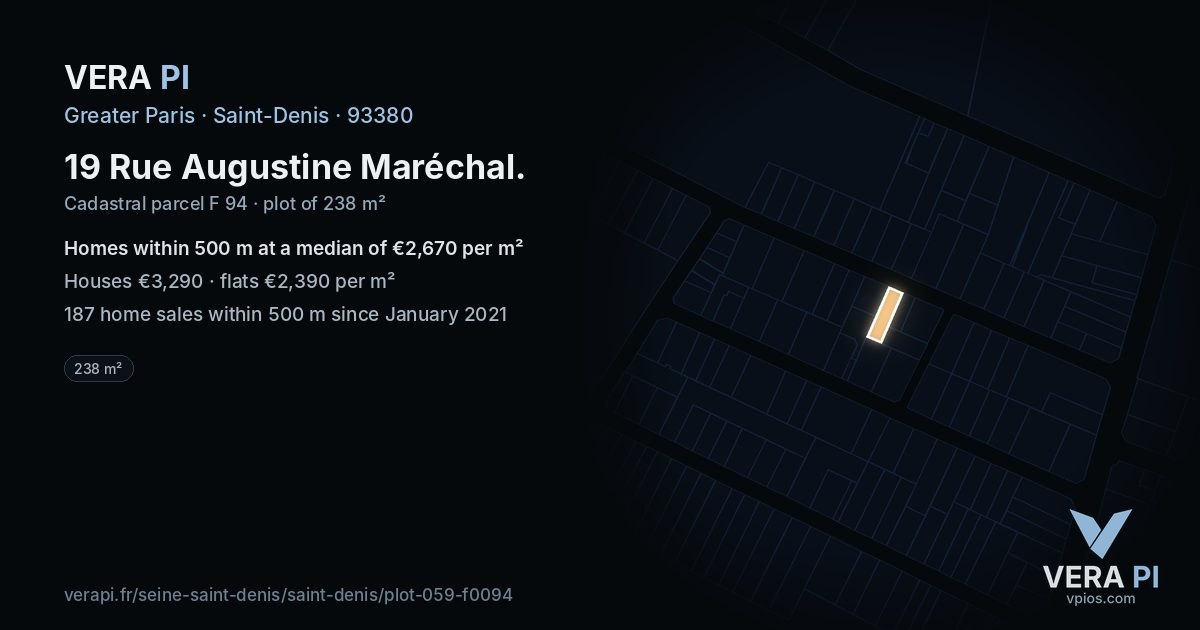 19 Rue Augustine Maréchal, Saint-Denis at night – the plot lit, the parcels around coloured by the prices near them
