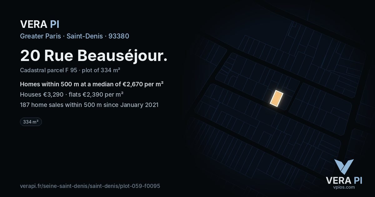 20 Rue Beauséjour, Saint-Denis at night – the plot lit, the parcels around coloured by the prices near them