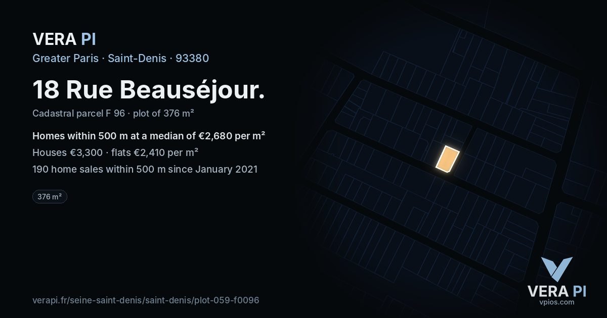 18 Rue Beauséjour, Saint-Denis at night – the plot lit, the parcels around coloured by the prices near them