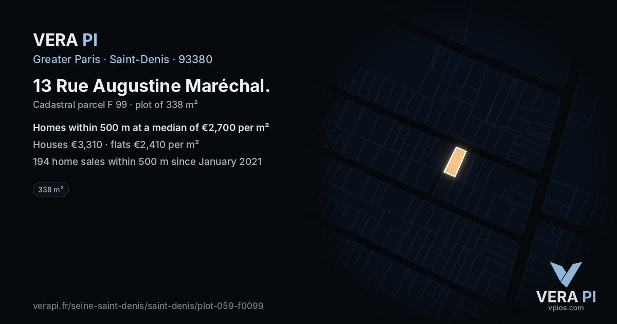 13 Rue Augustine Maréchal, Saint-Denis at night – the plot lit, the parcels around coloured by the prices near them