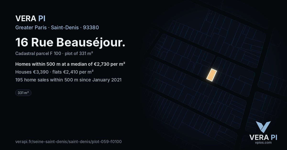 16 Rue Beauséjour, Saint-Denis at night – the plot lit, the parcels around coloured by the prices near them