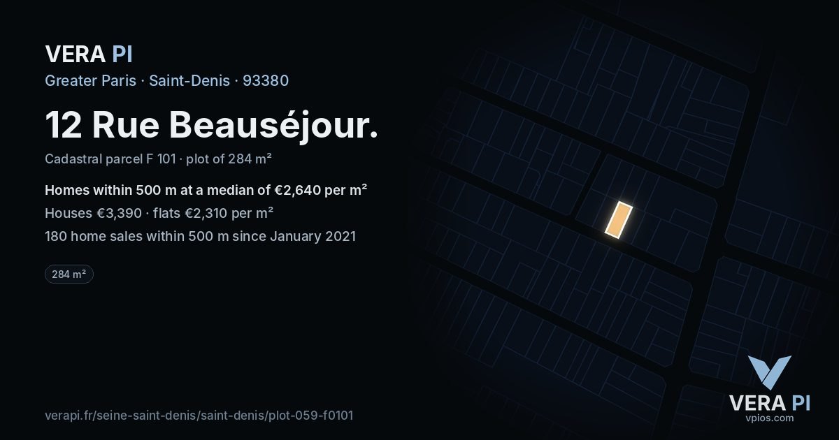 12 Rue Beauséjour, Saint-Denis at night – the plot lit, the parcels around coloured by the prices near them