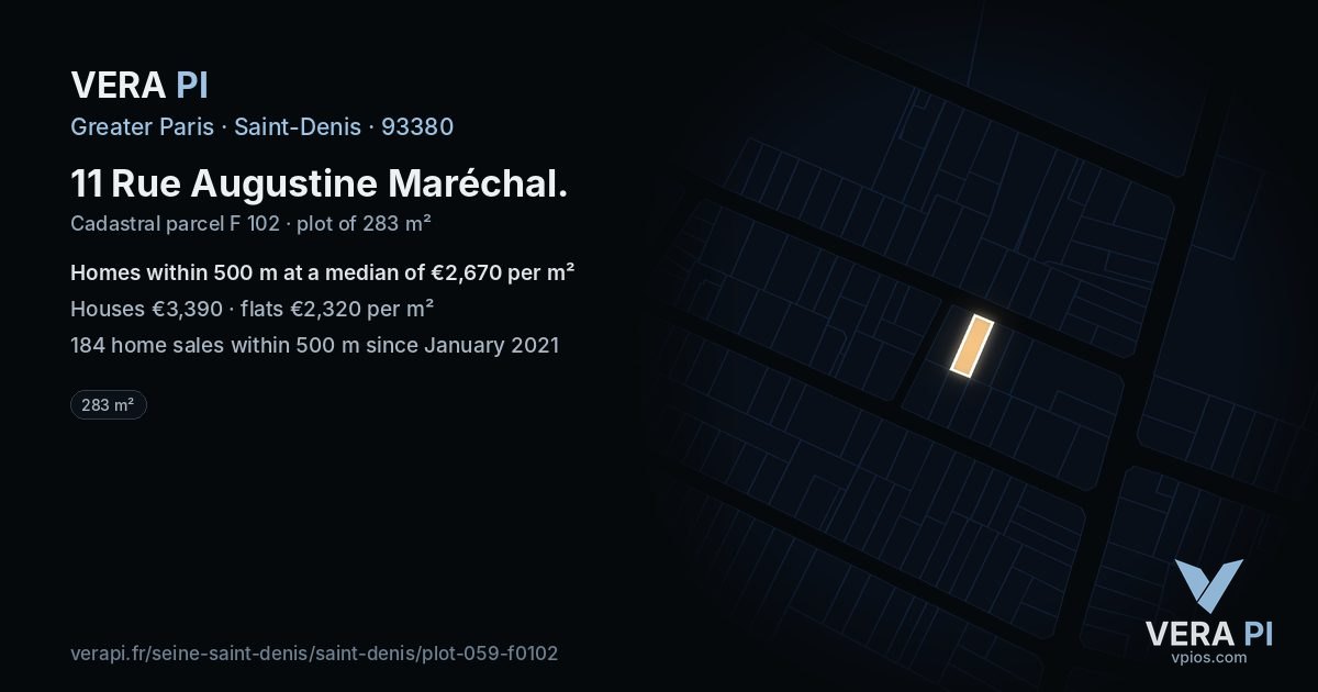 11 Rue Augustine Maréchal, Saint-Denis at night – the plot lit, the parcels around coloured by the prices near them
