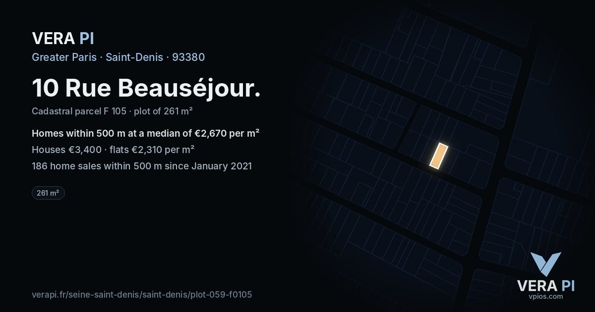10 Rue Beauséjour, Saint-Denis at night – the plot lit, the parcels around coloured by the prices near them
