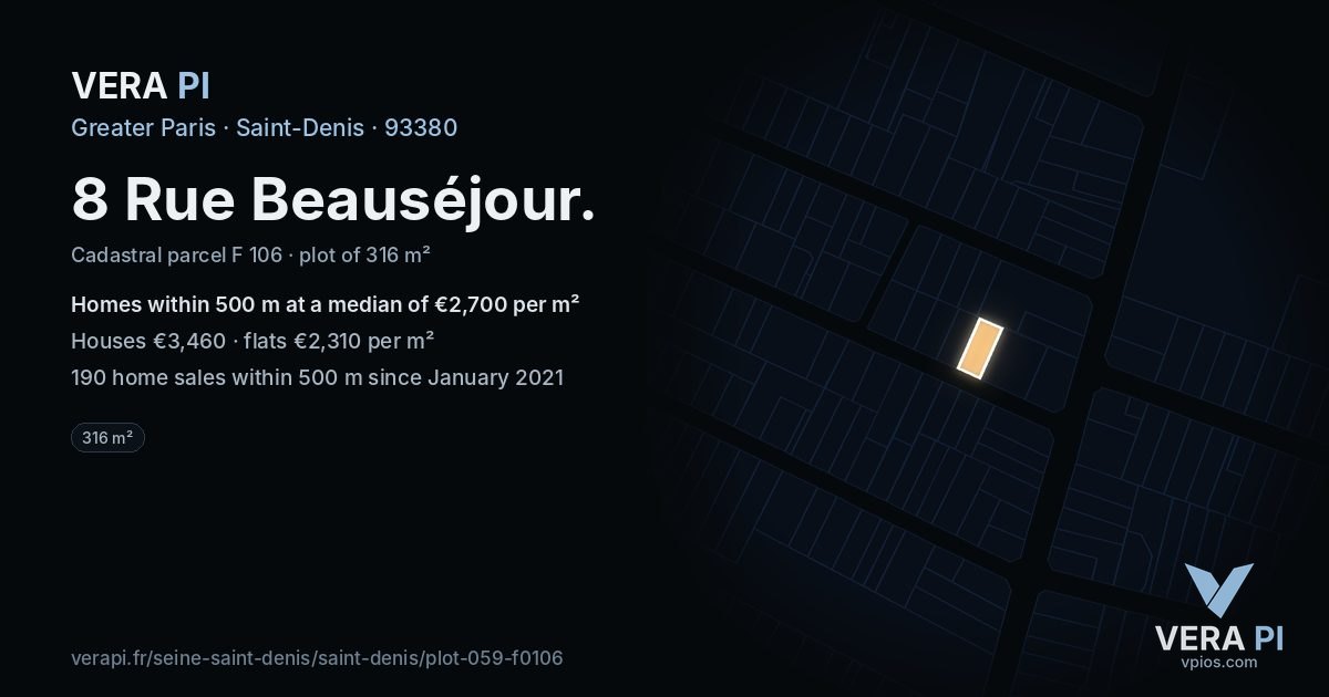8 Rue Beauséjour, Saint-Denis at night – the plot lit, the parcels around coloured by the prices near them