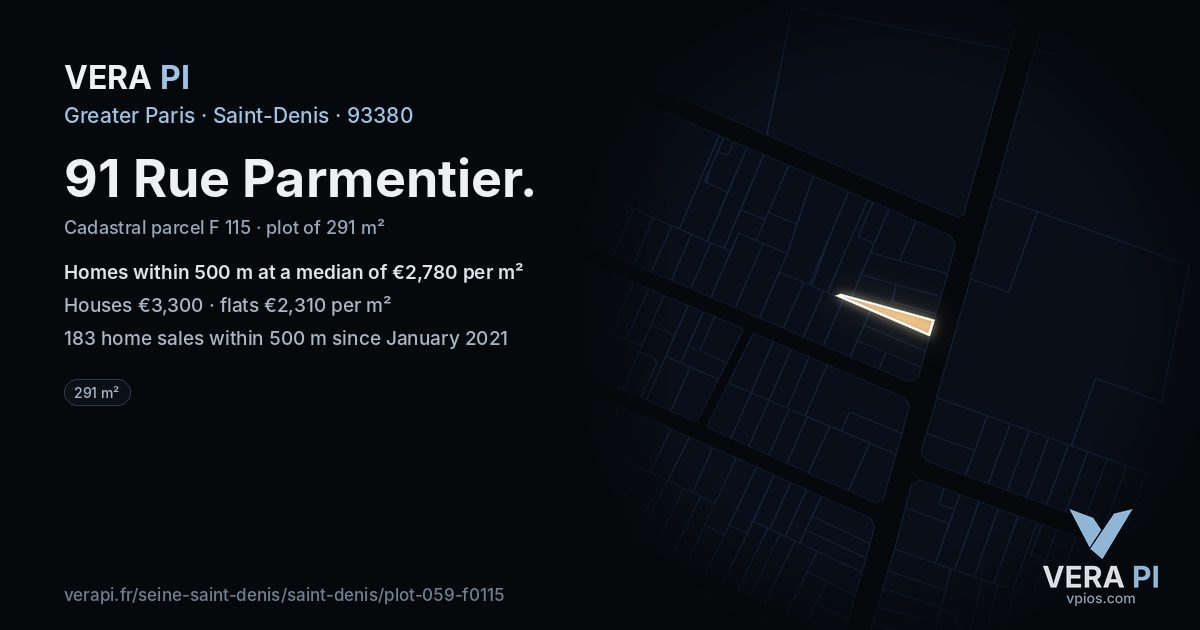 91 Rue Parmentier, Saint-Denis at night – the plot lit, the parcels around coloured by the prices near them