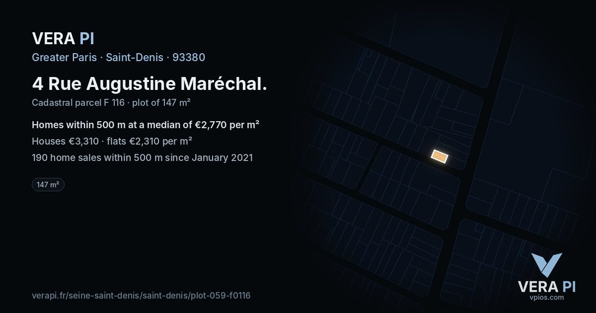 4 Rue Augustine Maréchal, Saint-Denis at night – the plot lit, the parcels around coloured by the prices near them