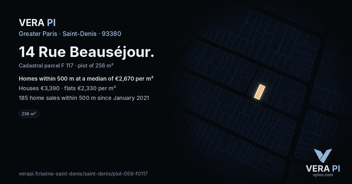 14 Rue Beauséjour, Saint-Denis at night – the plot lit, the parcels around coloured by the prices near them