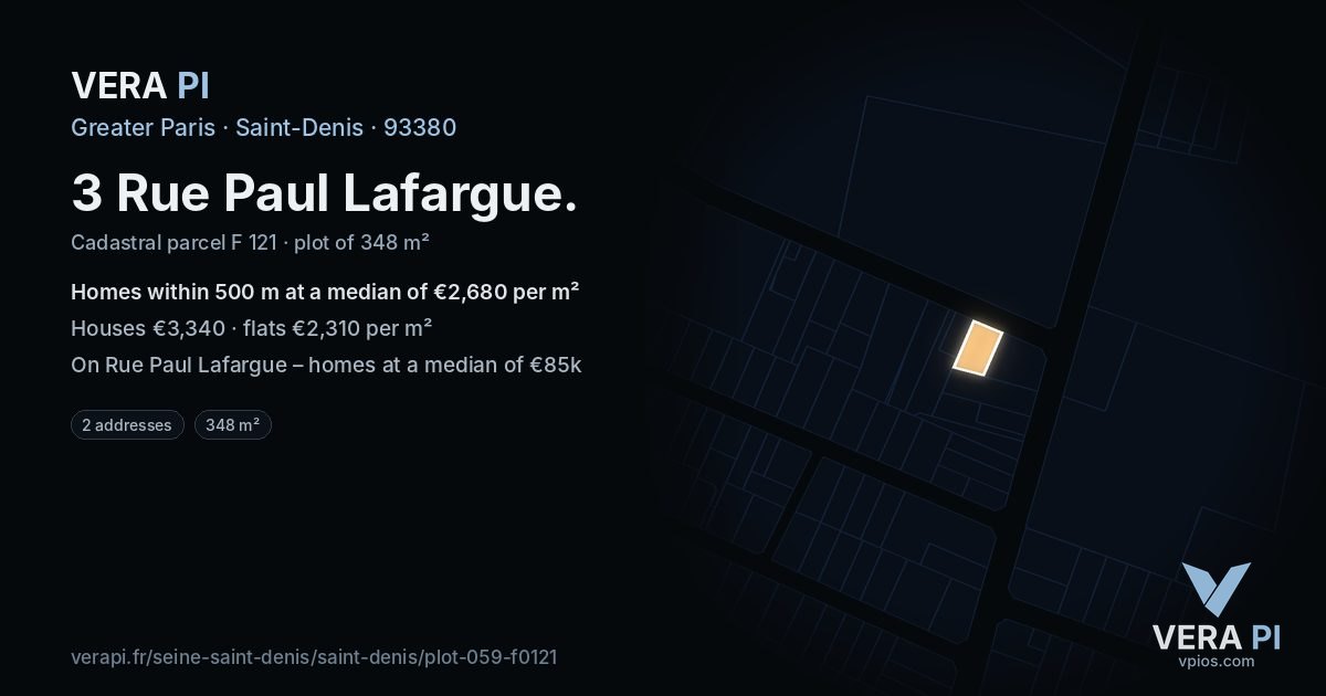 3 Rue Paul Lafargue, Saint-Denis at night – the plot lit, the parcels around coloured by the prices near them
