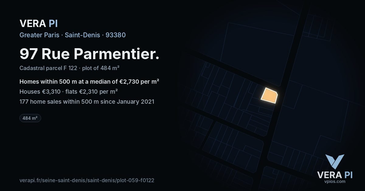 97 Rue Parmentier, Saint-Denis at night – the plot lit, the parcels around coloured by the prices near them