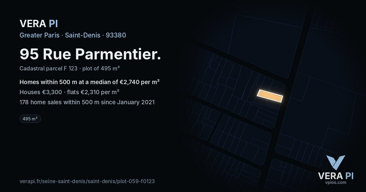 95 Rue Parmentier, Saint-Denis at night – the plot lit, the parcels around coloured by the prices near them