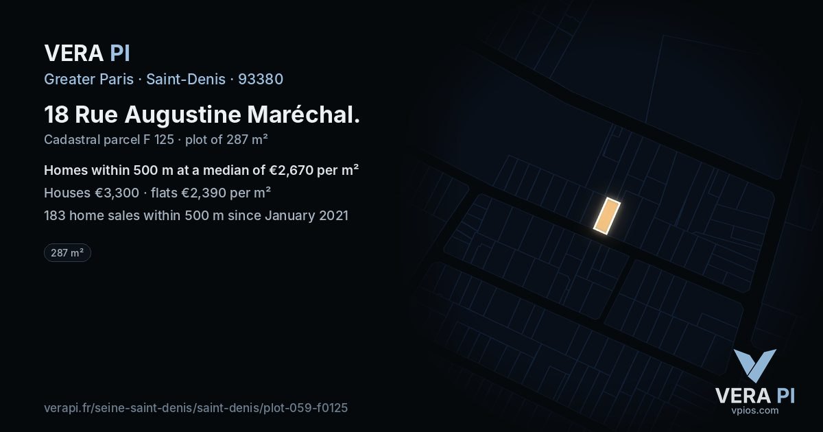 18 Rue Augustine Maréchal, Saint-Denis at night – the plot lit, the parcels around coloured by the prices near them