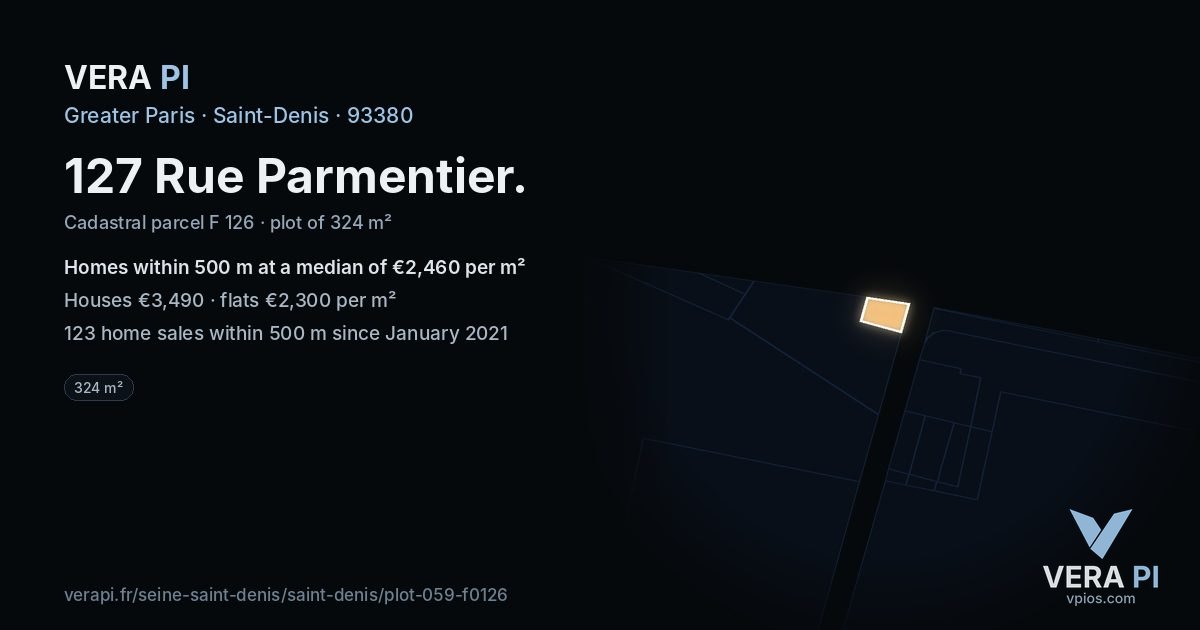 127 Rue Parmentier, Saint-Denis at night – the plot lit, the parcels around coloured by the prices near them