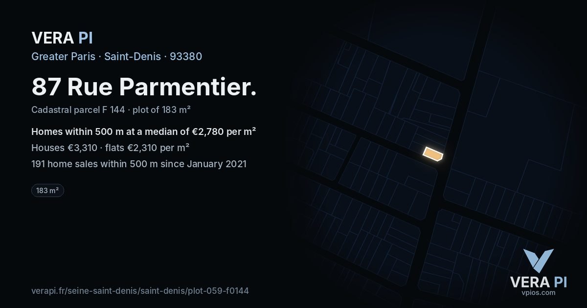 87 Rue Parmentier, Saint-Denis at night – the plot lit, the parcels around coloured by the prices near them