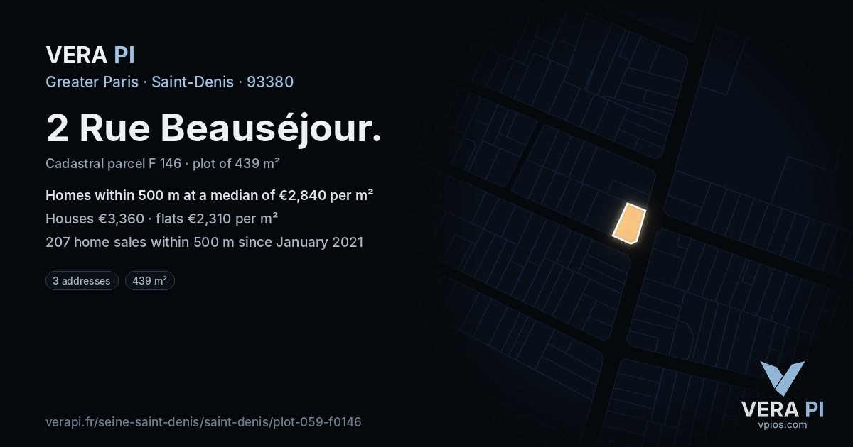 2 Rue Beauséjour, Saint-Denis at night – the plot lit, the parcels around coloured by the prices near them