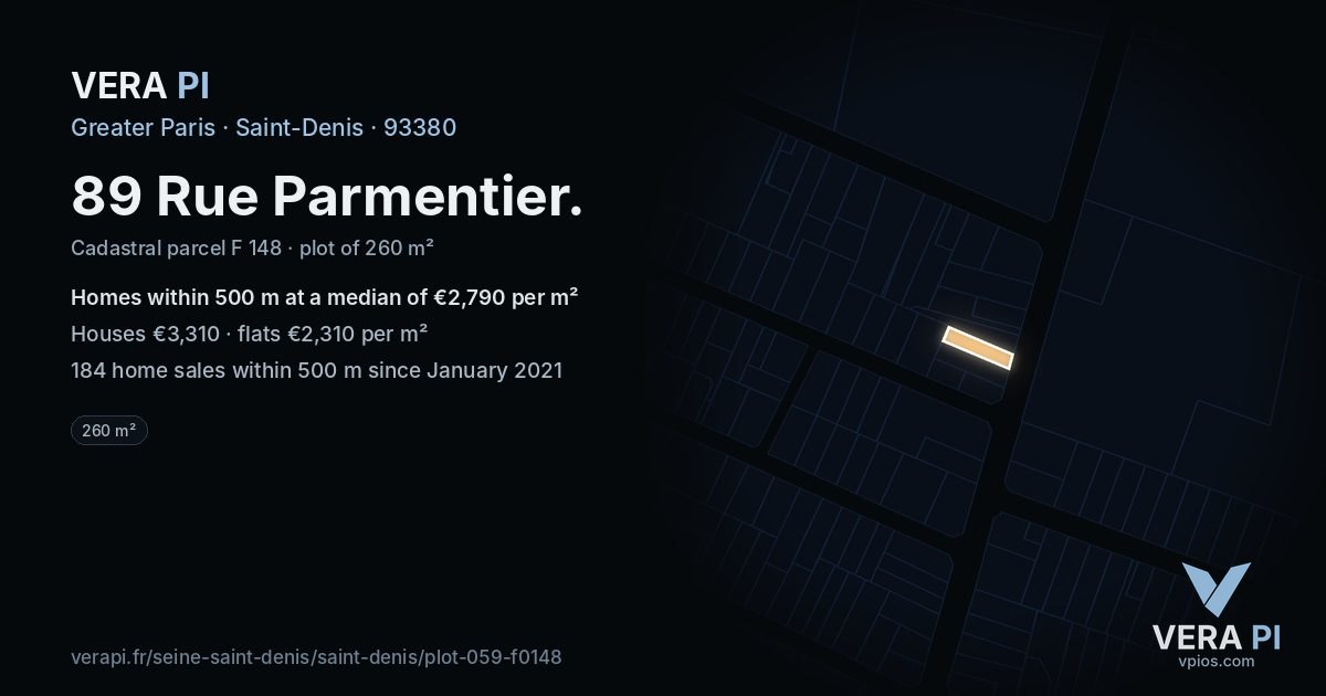 89 Rue Parmentier, Saint-Denis at night – the plot lit, the parcels around coloured by the prices near them
