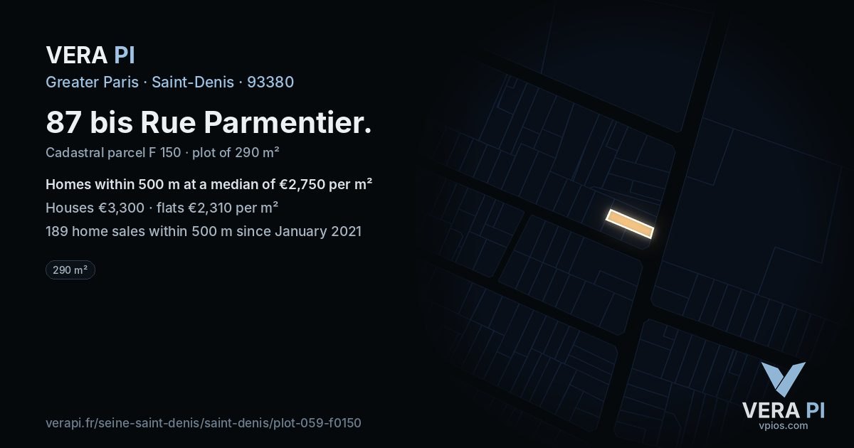 87 bis Rue Parmentier, Saint-Denis at night – the plot lit, the parcels around coloured by the prices near them