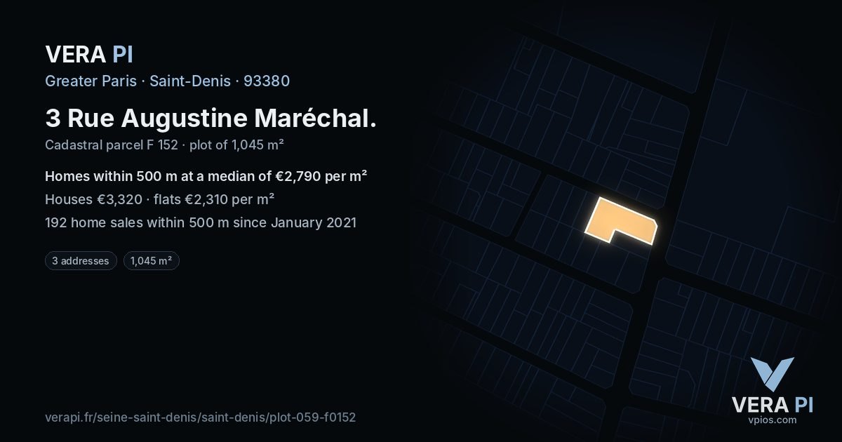 3 Rue Augustine Maréchal, Saint-Denis at night – the plot lit, the parcels around coloured by the prices near them