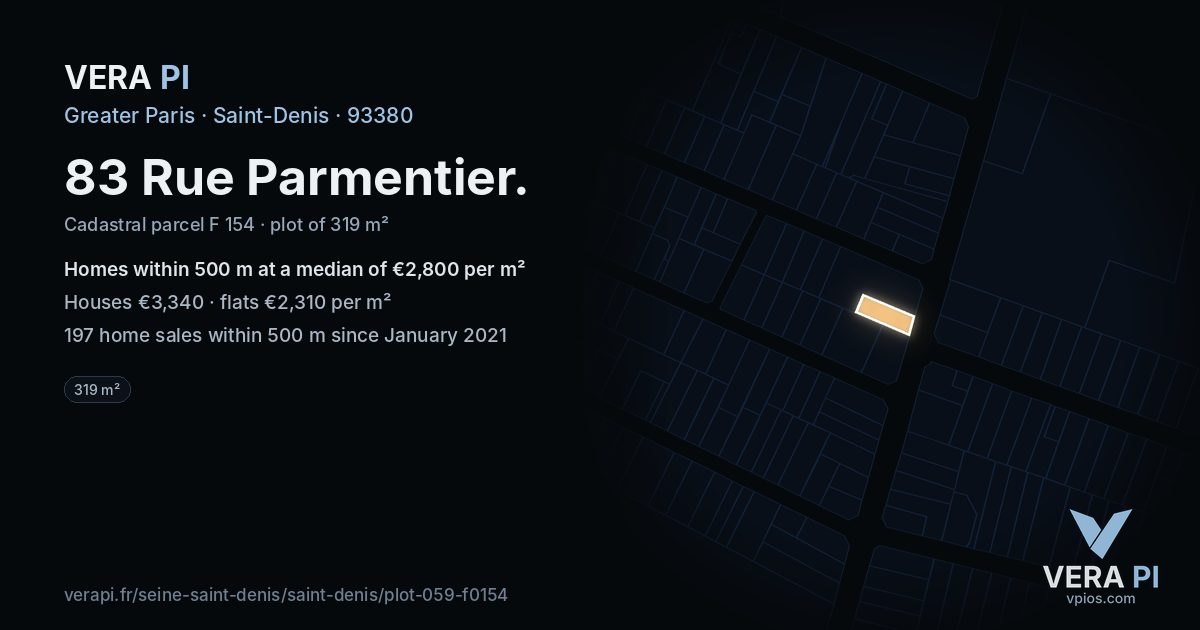 83 Rue Parmentier, Saint-Denis at night – the plot lit, the parcels around coloured by the prices near them