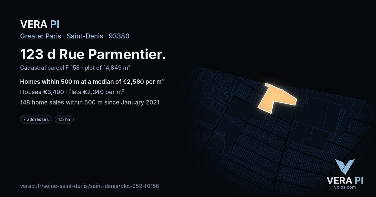 123 d Rue Parmentier, Saint-Denis at night – the plot lit, the parcels around coloured by the prices near them