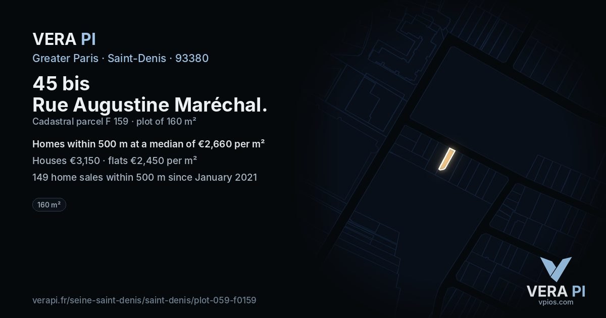 45 bis Rue Augustine Maréchal, Saint-Denis at night – the plot lit, the parcels around coloured by the prices near them