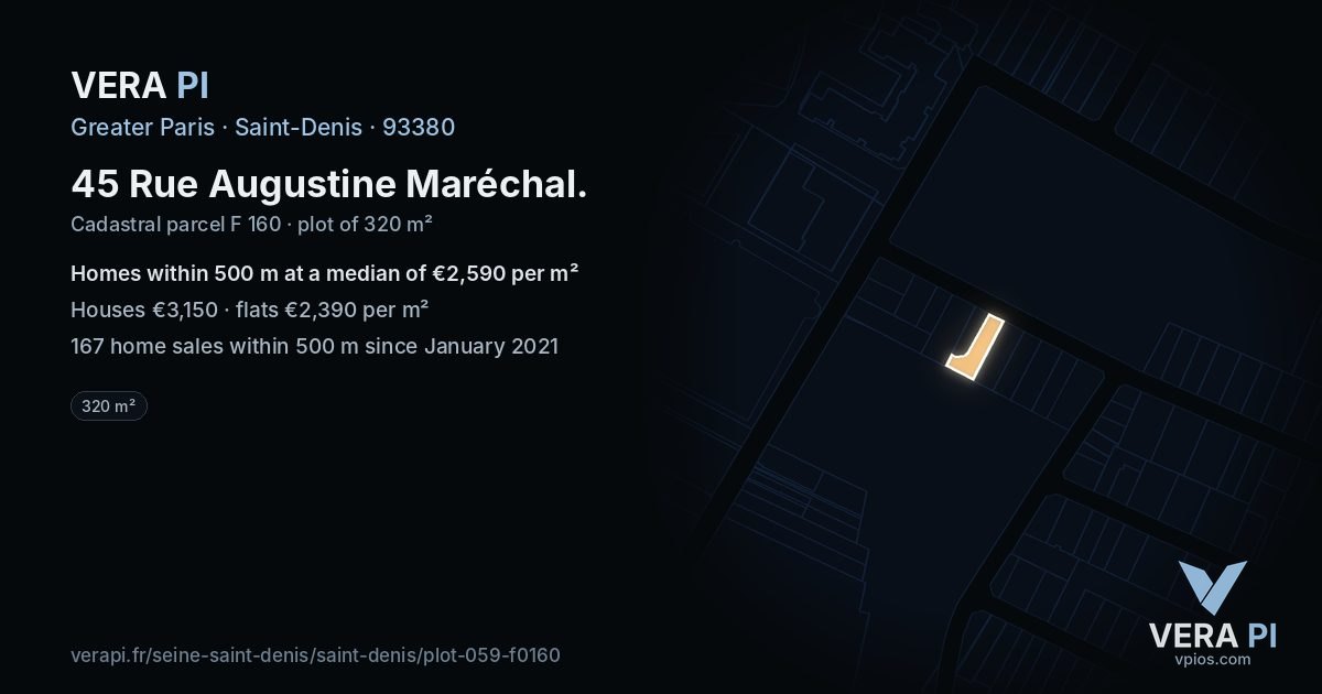 45 Rue Augustine Maréchal, Saint-Denis at night – the plot lit, the parcels around coloured by the prices near them