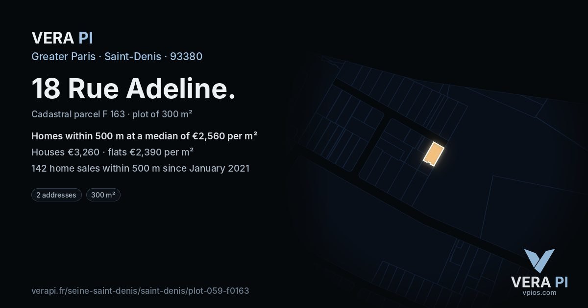 18 Rue Adeline, Saint-Denis at night – the plot lit, the parcels around coloured by the prices near them