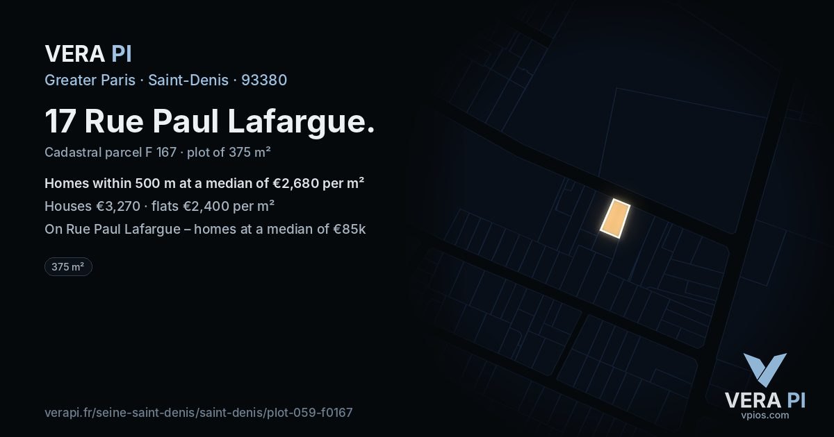 17 Rue Paul Lafargue, Saint-Denis at night – the plot lit, the parcels around coloured by the prices near them