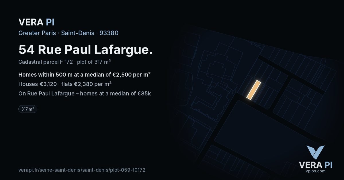 54 Rue Paul Lafargue, Saint-Denis at night – the plot lit, the parcels around coloured by the prices near them
