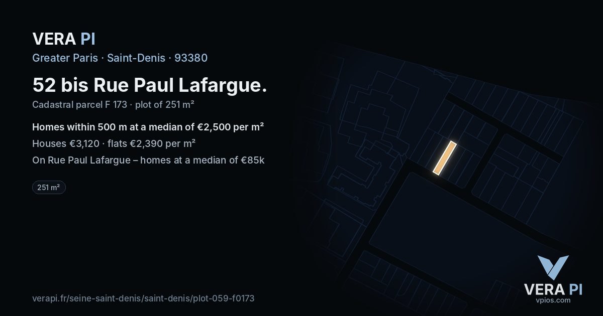 52 bis Rue Paul Lafargue, Saint-Denis at night – the plot lit, the parcels around coloured by the prices near them