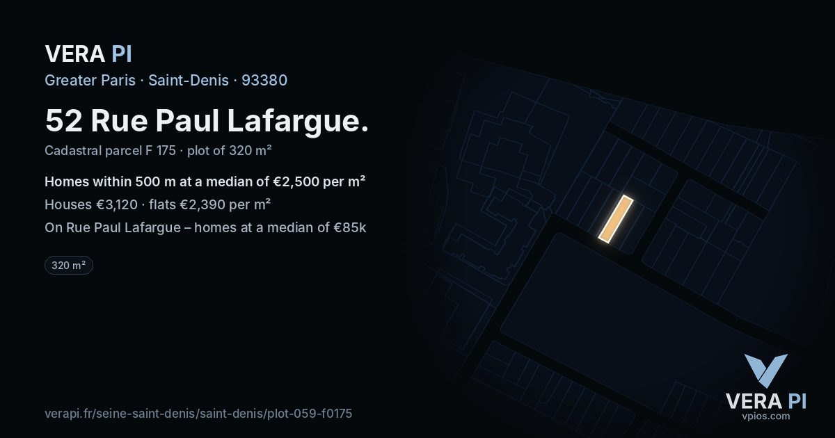 52 Rue Paul Lafargue, Saint-Denis at night – the plot lit, the parcels around coloured by the prices near them