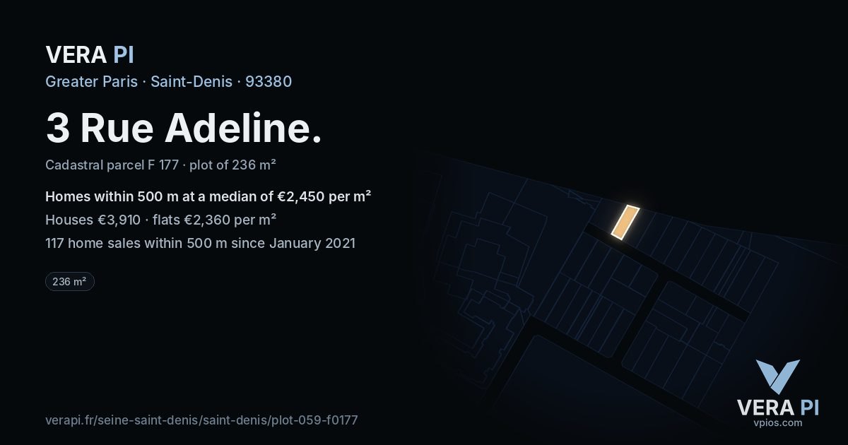 3 Rue Adeline, Saint-Denis at night – the plot lit, the parcels around coloured by the prices near them