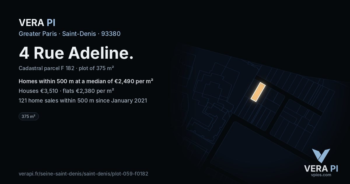 4 Rue Adeline, Saint-Denis at night – the plot lit, the parcels around coloured by the prices near them