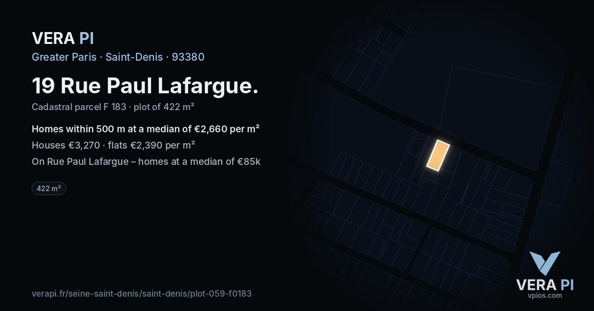 19 Rue Paul Lafargue, Saint-Denis at night – the plot lit, the parcels around coloured by the prices near them