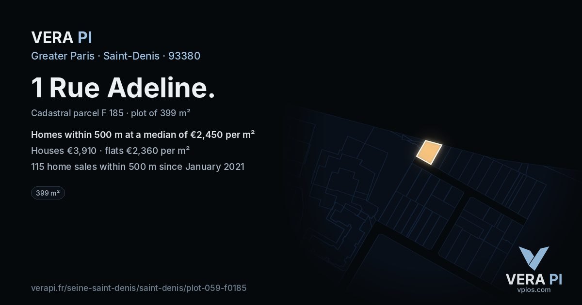 1 Rue Adeline, Saint-Denis at night – the plot lit, the parcels around coloured by the prices near them