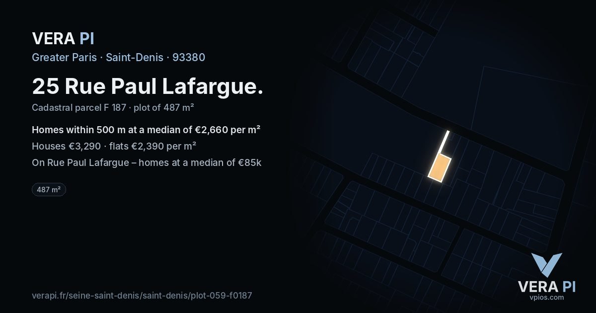 25 Rue Paul Lafargue, Saint-Denis at night – the plot lit, the parcels around coloured by the prices near them