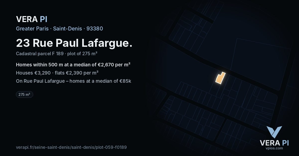 23 Rue Paul Lafargue, Saint-Denis at night – the plot lit, the parcels around coloured by the prices near them
