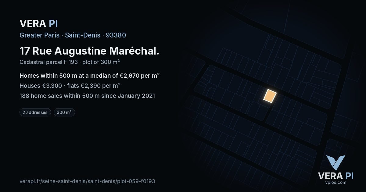 17 Rue Augustine Maréchal, Saint-Denis at night – the plot lit, the parcels around coloured by the prices near them