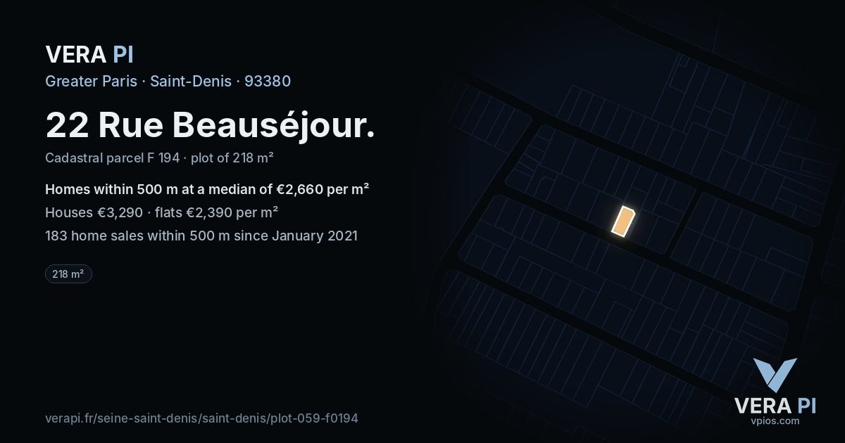22 Rue Beauséjour, Saint-Denis at night – the plot lit, the parcels around coloured by the prices near them