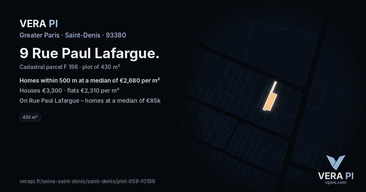 9 Rue Paul Lafargue, Saint-Denis at night – the plot lit, the parcels around coloured by the prices near them