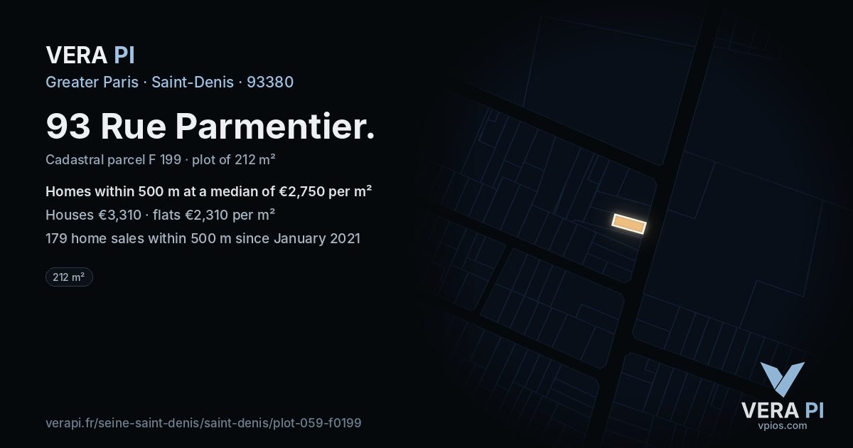 93 Rue Parmentier, Saint-Denis at night – the plot lit, the parcels around coloured by the prices near them