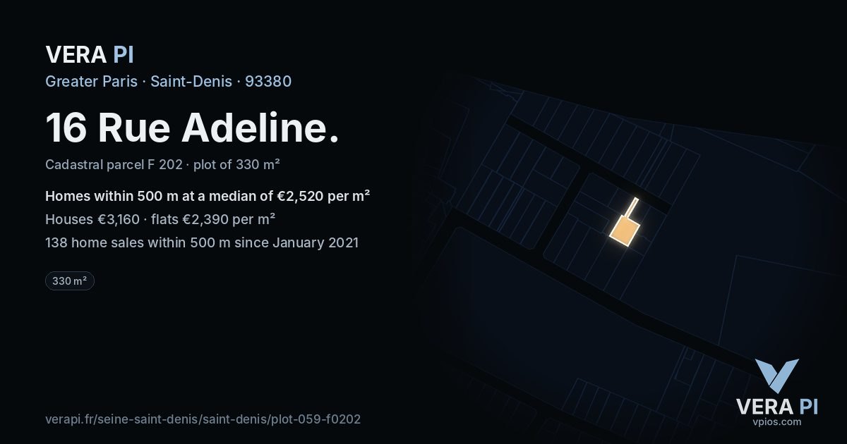 16 Rue Adeline, Saint-Denis at night – the plot lit, the parcels around coloured by the prices near them