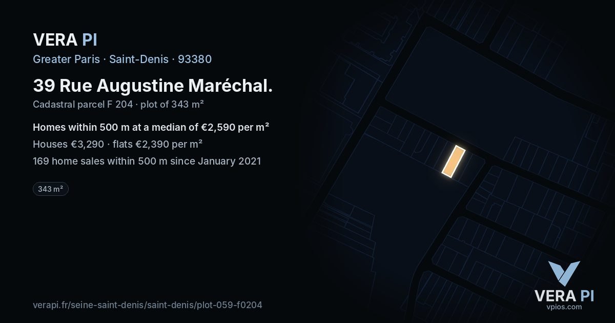 39 Rue Augustine Maréchal, Saint-Denis at night – the plot lit, the parcels around coloured by the prices near them