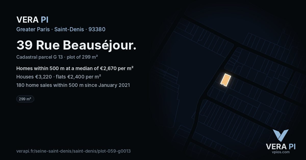 39 Rue Beauséjour, Saint-Denis at night – the plot lit, the parcels around coloured by the prices near them