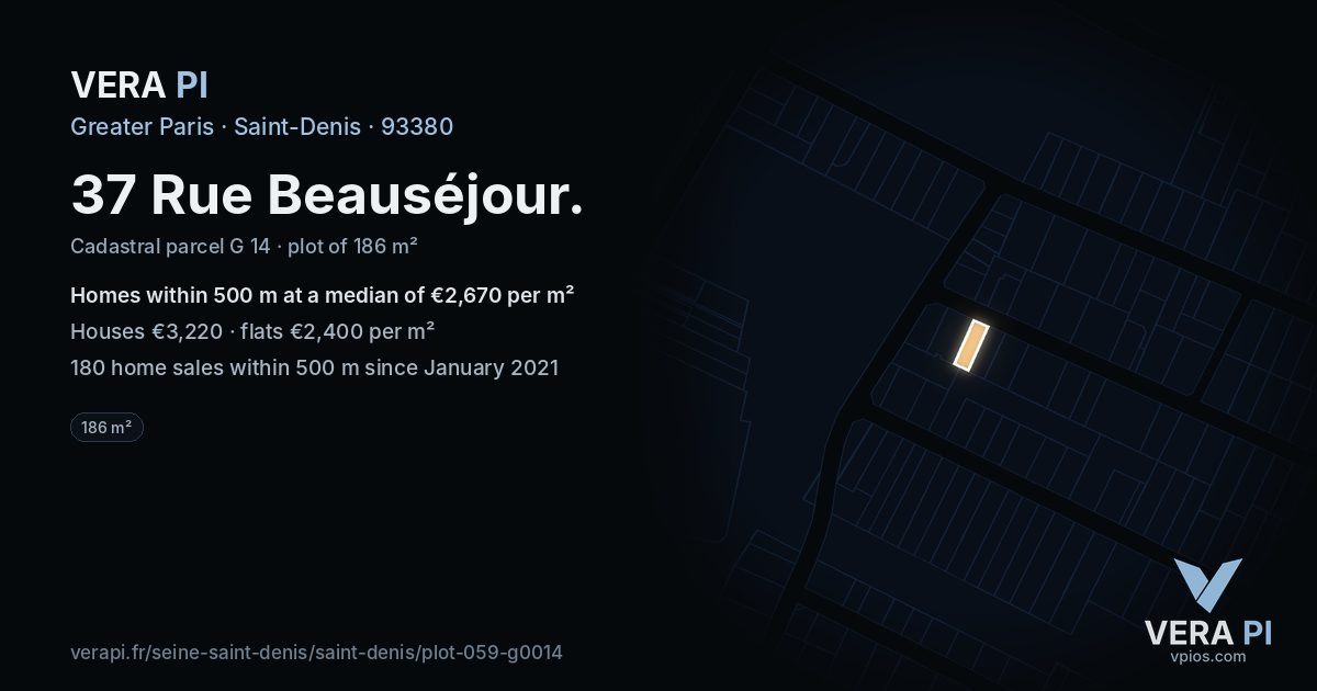 37 Rue Beauséjour, Saint-Denis at night – the plot lit, the parcels around coloured by the prices near them