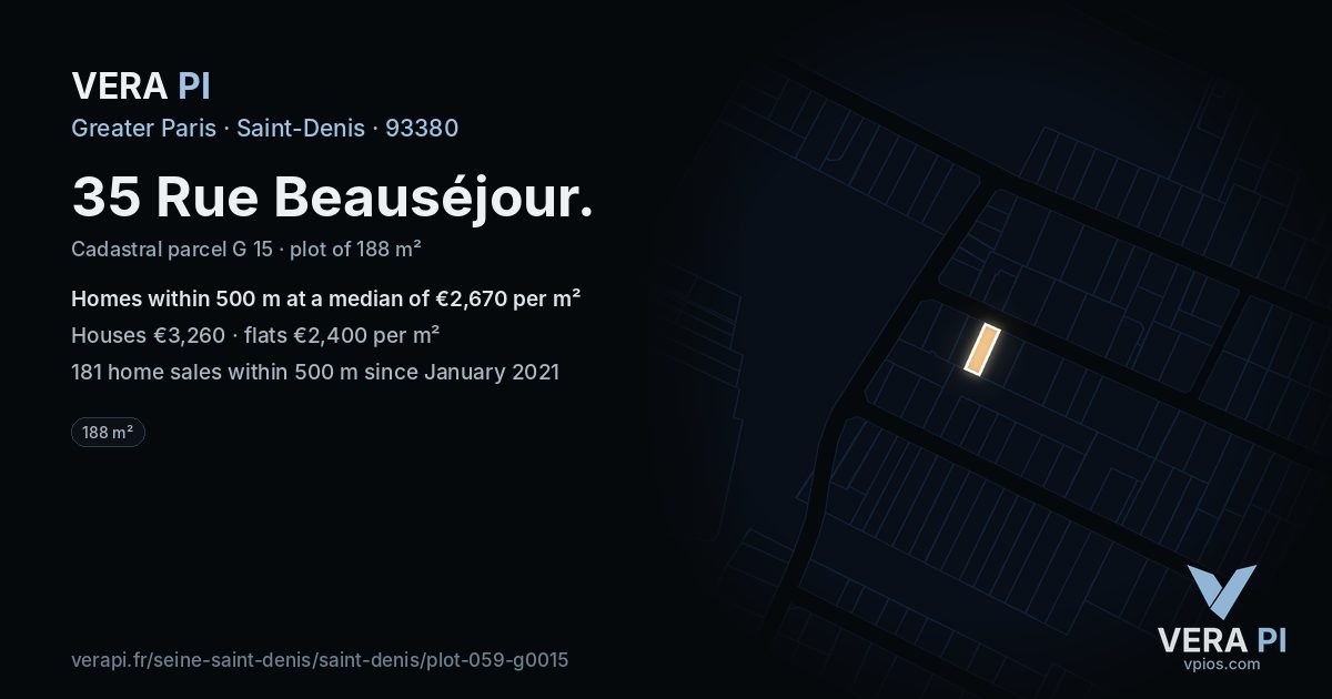 35 Rue Beauséjour, Saint-Denis at night – the plot lit, the parcels around coloured by the prices near them