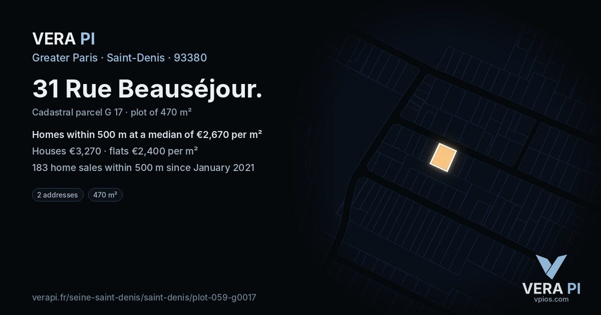 31 Rue Beauséjour, Saint-Denis at night – the plot lit, the parcels around coloured by the prices near them